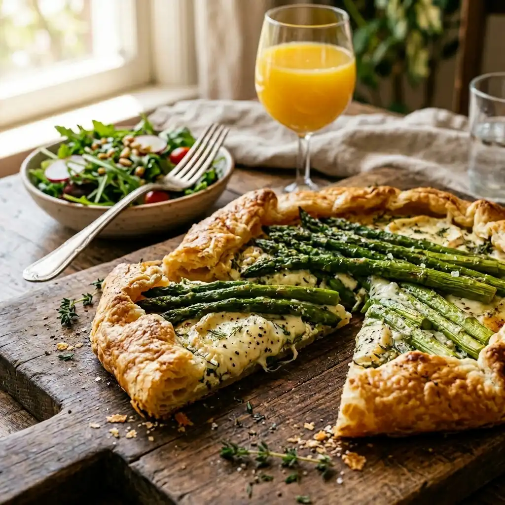 Rustic asparagus galette on a wooden board with a slice cut out, served with a fresh green salad and a glass of orange juice for spring brunch.