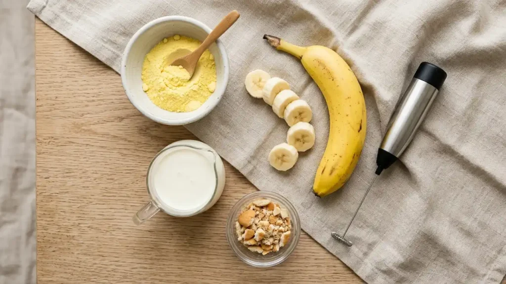 Overhead flat lay of banana pudding cold foam ingredients including instant pudding mix, fresh banana, milk, crushed wafers, and a milk frother on a wooden table.