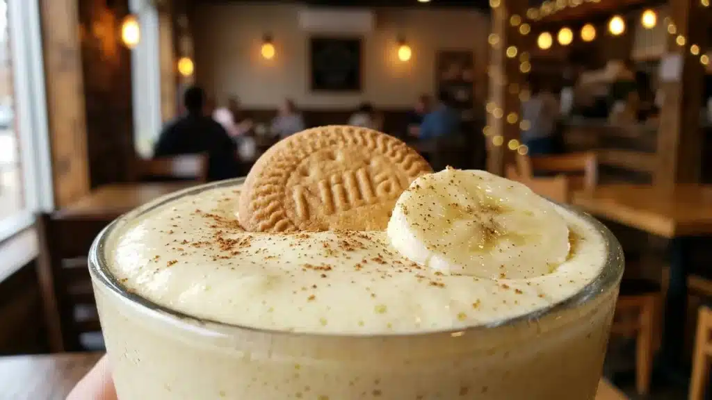 Close-up of banana pudding cold foam topped with a Nilla Wafer cookie, banana slice, and cinnamon dusting.