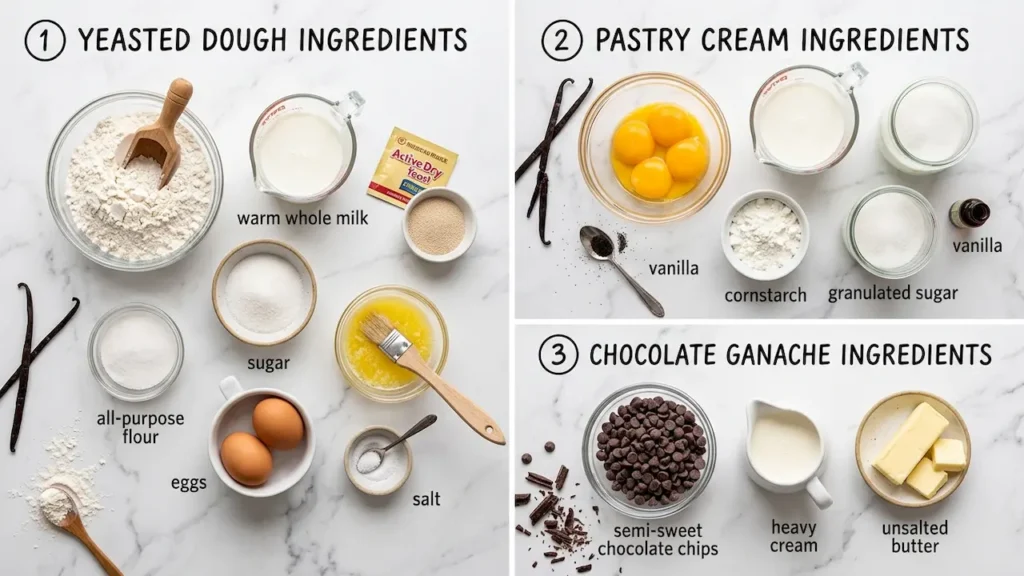 Boston cream donut ingredients flat lay showing yeasted dough components, vanilla pastry cream elements, and chocolate ganache items on a marble counter.