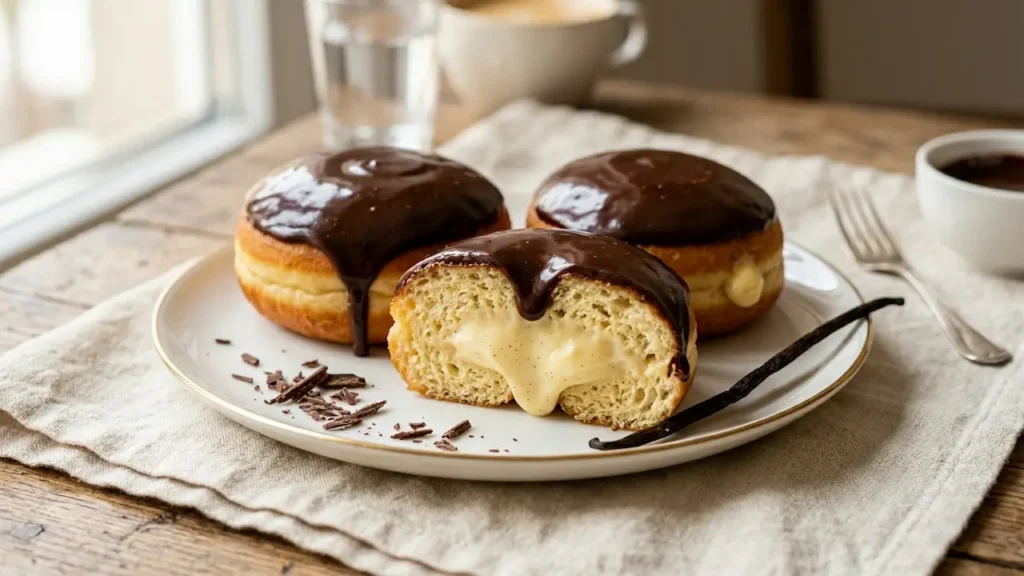 Three homemade Boston cream donuts on a white plate, with one cut open to reveal the creamy vanilla custard filling and glossy chocolate ganache topping.