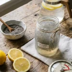 Chia seed water for weight loss in a mason jar with a kitchen timer showing 10 minutes, alongside dry chia seeds and fresh lemons