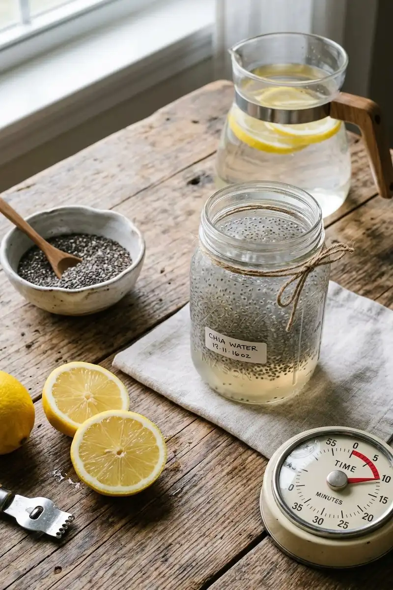 Chia seed water for weight loss in a mason jar with a kitchen timer showing 10 minutes, alongside dry chia seeds and fresh lemons