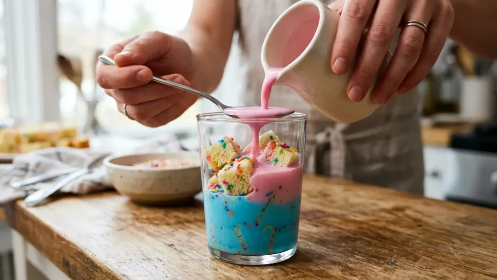 Dot cake drink recipe: hands pouring pink milk over a spoon to create colorful layers over blue milk and funfetti cake pieces in a clear glass.