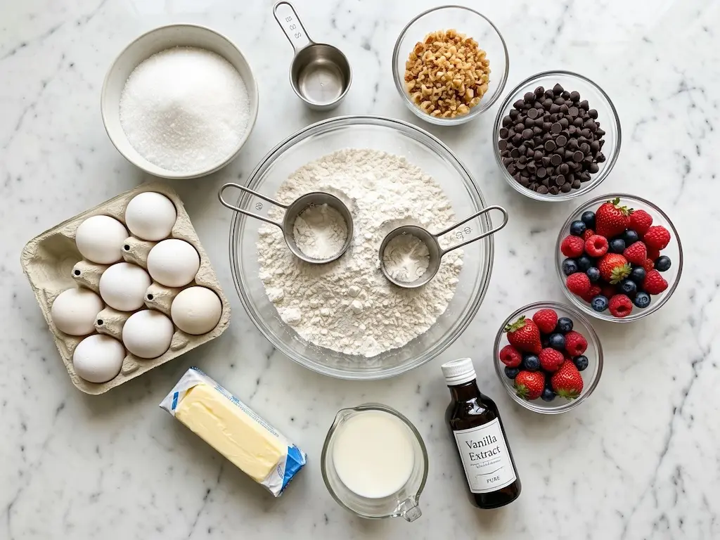 Dot cake recipe ingredients: flour, sugar, eggs, butter, milk, vanilla extract, chocolate chips, fresh berries, and walnuts on white marble.