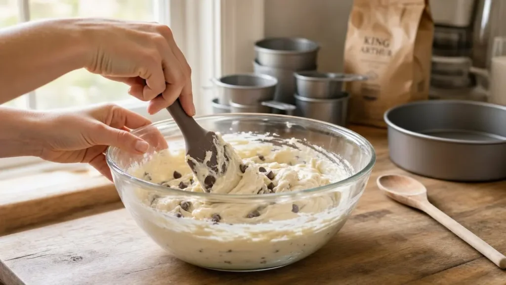 Hands gently folding chocolate chips into thick dot cake batter in a glass bowl using a spatula.