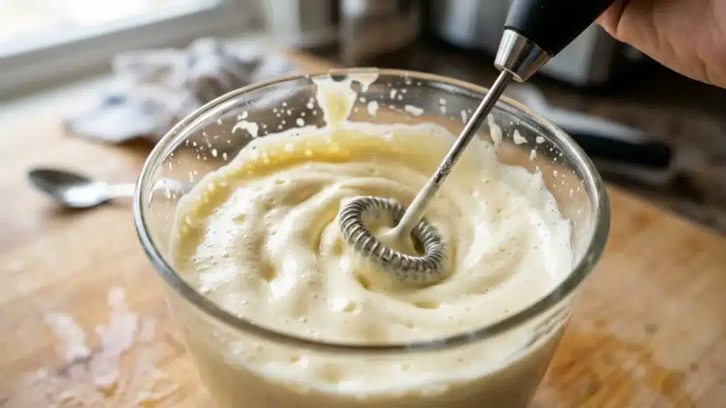 Close up action shot of a handheld milk frother whipping thick, creamy banana pudding cold foam in a clear glass.