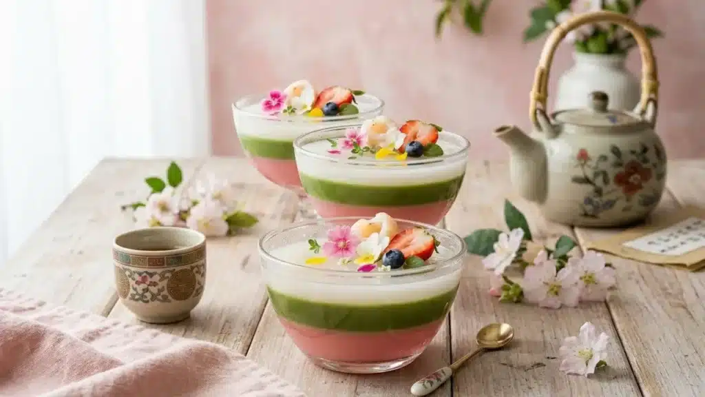 Três taças de gelatina bariátrica coreana em camadas rosa, verde e branca decoradas com flores comestíveis, morangos e lichia, com bule tradicional ao fundo.