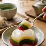 Colher levantando um pedaço de gelatina bariátrica coreana em camadas coloridas de matcha e frutas, com chá matcha ao fundo.