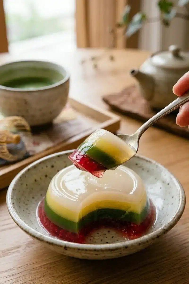 Colher levantando um pedaço de gelatina bariátrica coreana em camadas coloridas de matcha e frutas, com chá matcha ao fundo.