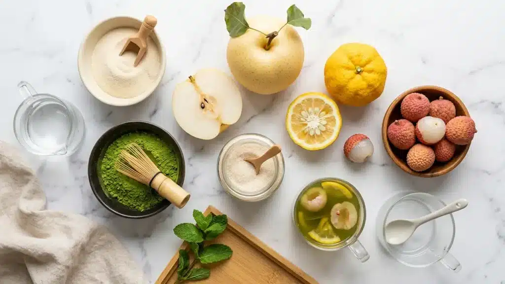 Ingredientes da gelatina bariátrica coreana em bancada de mármore: matcha, pera asiática, lichia, limão yuja, adoçante e água.