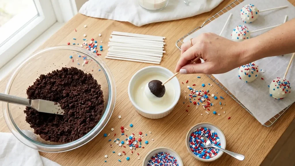 Overhead view of the process for making 4th of july cake pops, showing cake crumbs, melted candy coating, and a hand dipping a cake ball.