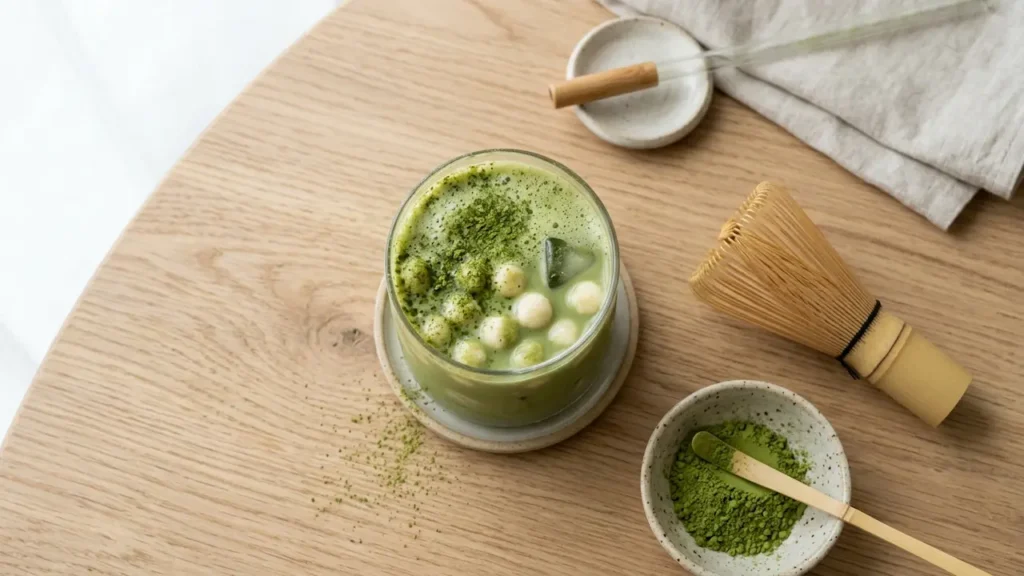 Matcha dot cake drink recipe: green tea milk beverage with white cake dots, matcha powder topping, and bamboo whisk on a wooden table.
