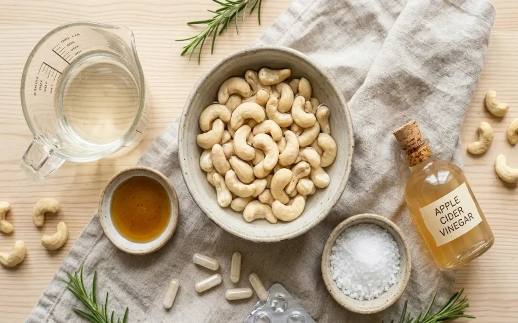 Overhead flat lay of ingredients for a miyokos vegan butter recipe including raw cashews soaking in water, apple cider vinegar, sea salt, and probiotic capsules on a wooden table.
