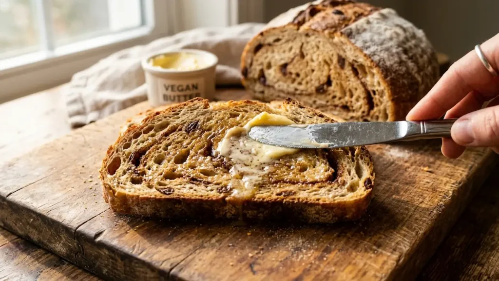 A hand spreading creamy homemade miyoko's vegan butter onto a warm slice of cinnamon raisin bread, showing the rich texture of this dairy-free recipe.