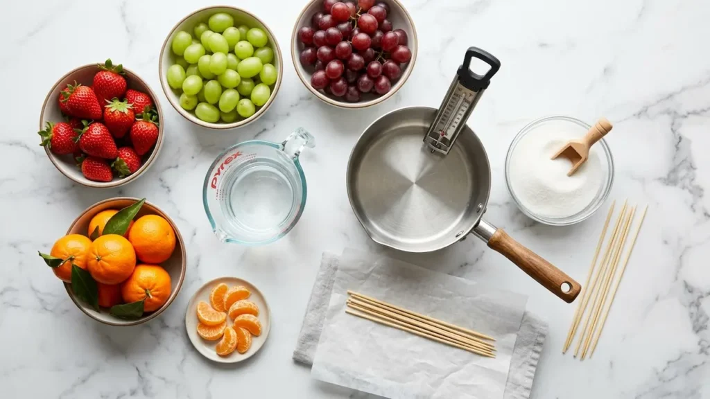 Tanghulu recipe ingredients and equipment flat lay featuring fresh strawberries, grapes, mandarines, sugar, water, bamboo skewers, and a candy thermometer in a saucepan.