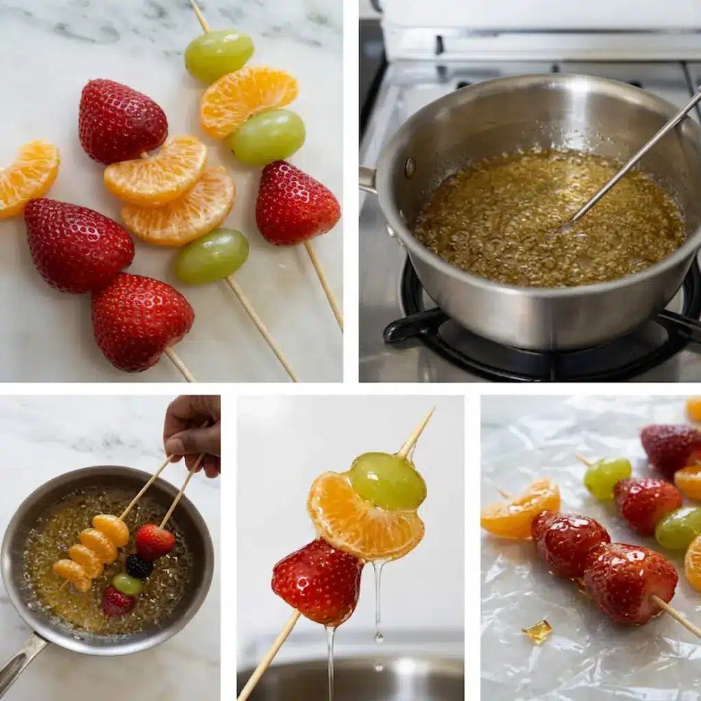Tanghulu recipe step-by-step collage showing fruit skewers, boiling sugar syrup, dipping the fruit, and cooling the candied skewers.