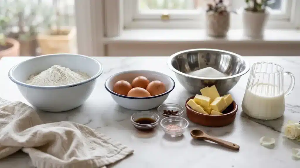 Viral dot cake ingredients: flour, eggs, butter, sugar, milk, and vanilla extract arranged on white marble for TikTok sprinkle cake recipe.