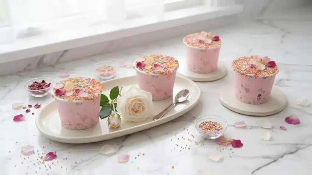 Viral dot cake: four mini sprinkle cakes in pink unicorn cups served on a white tray with rose petals and rainbow nonpareils for TikTok trend.