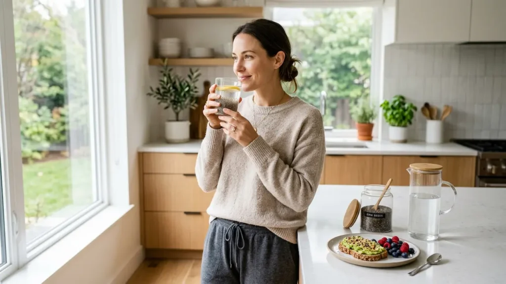 A woman drinking chia seed water for weight loss in a bright kitchen with avocado toast, mixed berries, and a jar of chia seeds on the counter.