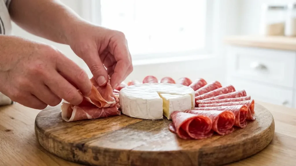 Close-up of hands arranging folded prosciutto and rolled salami around a wheel of Brie cheese while building a charcuterie mandala on a round wooden board.