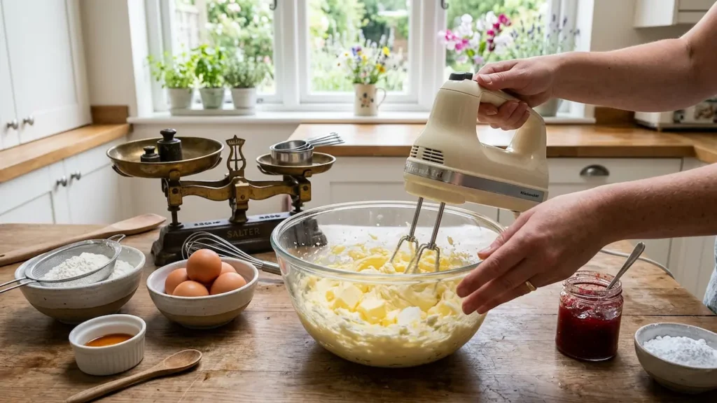 Hands creaming butter and sugar in a glass bowl to make famous London cakes like Victoria sponge, with measured ingredients arranged nearby.