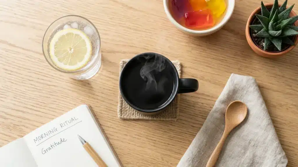 Café preto e água com limão em uma mesa de madeira, ilustrando o que consumir em vez de saber se a gelatina quebra jejum.