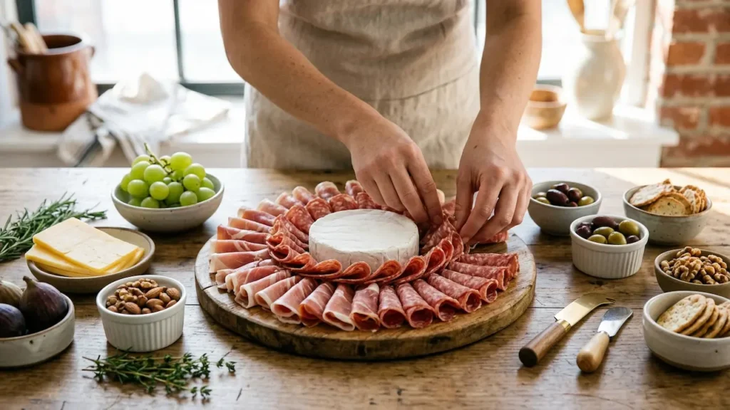 Hands arranging folded prosciutto and salami around a Brie wheel to build a charcuterie mandala, surrounded by bowls of grapes, nuts, and crackers.