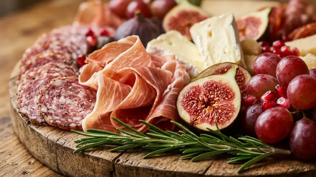 Close-up detail of a charcuterie mandala showing folded prosciutto, salami slices, creamy Brie cheese, fresh fig halves, red grapes, pomegranate seeds, and rosemary sprigs on a rustic wooden board.