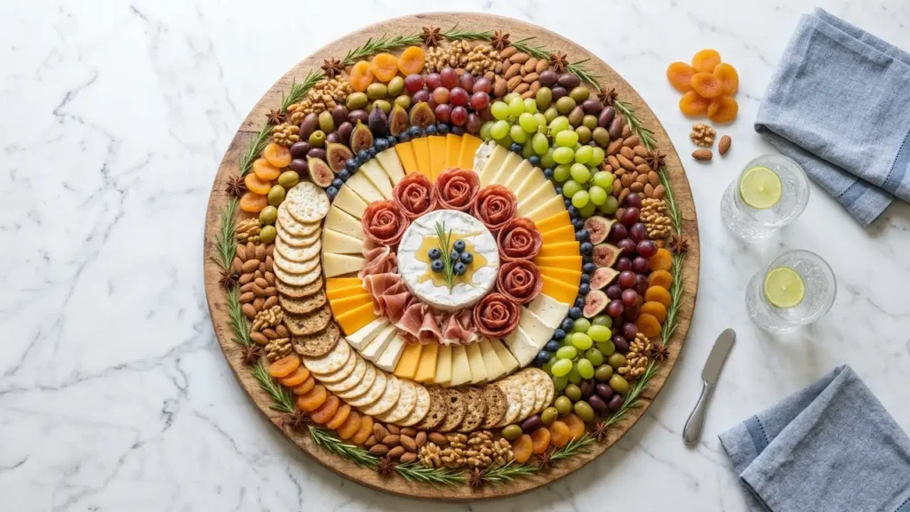 Overhead view of a decorative charcuterie mandala featuring salami roses, prosciutto, sliced cheeses, crackers, grapes, figs, and dried apricots arranged in symmetrical concentric rings on a wooden board.