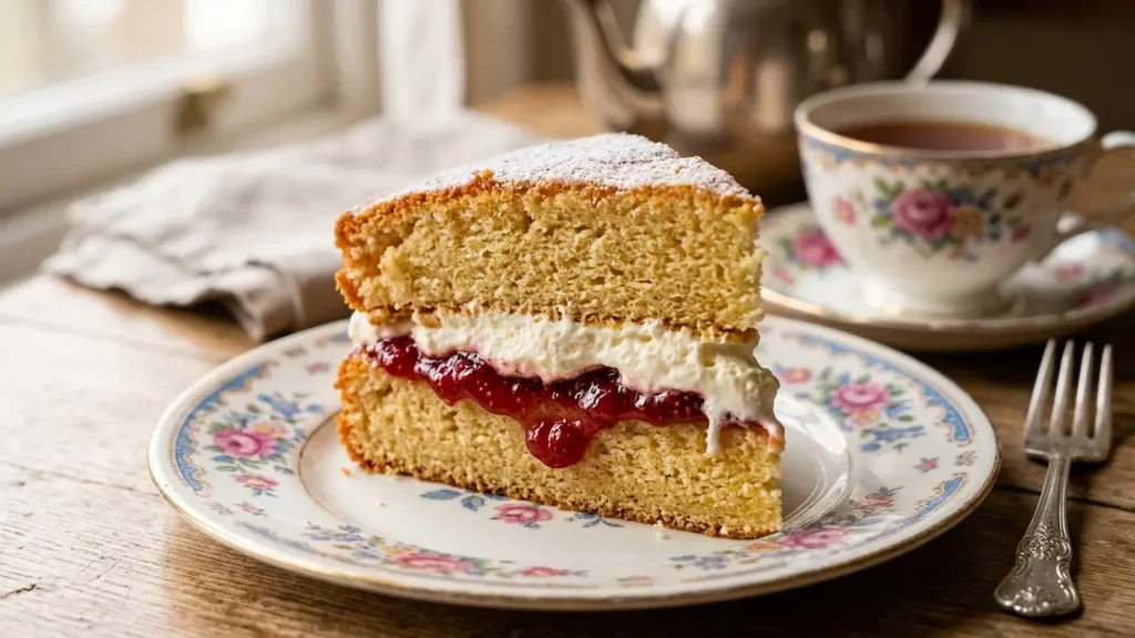 A close-up slice of a classic Victoria sponge cake showing layers of golden sponge, strawberry jam, and whipped cream on a floral plate with a cup of tea.