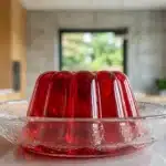 Gelatina vermelha moldada em prato de vidro, ilustrando o artigo sobre se a gelatina quebra jejum.
